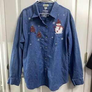Collections ETC Denim Women's Chambray Holiday Christmas Snowman Shirt NWOT‎ XL
